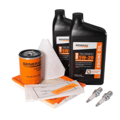 Generac maintenance kit for 11kw generator, available at Kirby Vacuum Supply, featuring two bottles of Generac 5W-30 Full Synthetic Engine Oil, one Generac oil filter, two spark plugs, a funnel, and a cleaning cloth, all essential for Generac generator maintenance, neatly arranged on a white background.